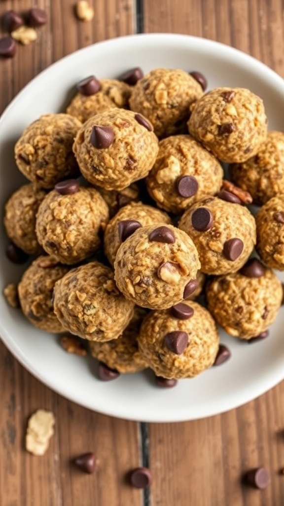 A plate of no-bake nutty energy bites made with oats and nuts, displayed on a rustic wooden table.